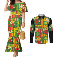 Hawaii Kanaka Maoli Hibiscus Couples Matching Mermaid Dress and Long Sleeve Button Shirt Hawaiian Flag Motif LT9 Green - Polynesian Pride