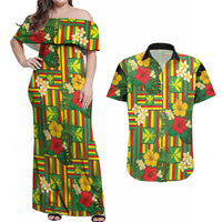 Hawaii Kanaka Maoli Hibiscus Couples Matching Off Shoulder Maxi Dress and Hawaiian Shirt Hawaiian Flag Motif LT9 Green - Polynesian Pride