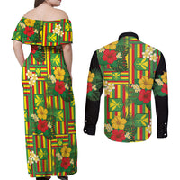 Hawaii Kanaka Maoli Hibiscus Couples Matching Off Shoulder Maxi Dress and Long Sleeve Button Shirt Hawaiian Flag Motif