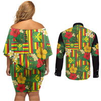 Hawaii Kanaka Maoli Hibiscus Couples Matching Off Shoulder Short Dress and Long Sleeve Button Shirt Hawaiian Flag Motif