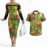 Hawaii Kanaka Maoli Hibiscus Couples Matching Off The Shoulder Long Sleeve Dress and Hawaiian Shirt Hawaiian Flag Motif LT9 Green - Polynesian Pride
