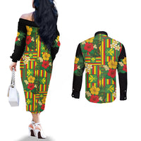 Hawaii Kanaka Maoli Hibiscus Couples Matching Off The Shoulder Long Sleeve Dress and Long Sleeve Button Shirt Hawaiian Flag Motif