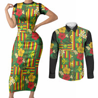 Hawaii Kanaka Maoli Hibiscus Couples Matching Short Sleeve Bodycon Dress and Long Sleeve Button Shirt Hawaiian Flag Motif LT9 Green - Polynesian Pride
