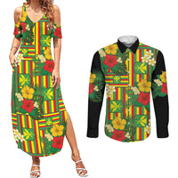 Hawaii Kanaka Maoli Hibiscus Couples Matching Summer Maxi Dress and Long Sleeve Button Shirt Hawaiian Flag Motif