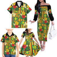 Hawaii Kanaka Maoli Hibiscus Family Matching Off The Shoulder Long Sleeve Dress and Hawaiian Shirt Hawaiian Flag Motif