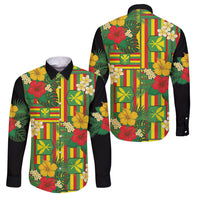 Hawaii Kanaka Maoli Hibiscus Family Matching Off The Shoulder Long Sleeve Dress and Hawaiian Shirt Hawaiian Flag Motif LT9 Dad's Shirt - Long Sleeve Green - Polynesian Pride