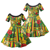 Hawaii Kanaka Maoli Hibiscus Family Matching Off The Shoulder Long Sleeve Dress and Hawaiian Shirt Hawaiian Flag Motif LT9 Daughter's Dress Green - Polynesian Pride