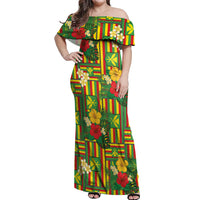 Hawaii Kanaka Maoli Hibiscus Off Shoulder Maxi Dress Hawaiian Flag Motif LT9 Women Green - Polynesian Pride