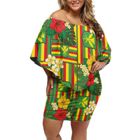 Hawaii Kanaka Maoli Hibiscus Off Shoulder Short Dress Hawaiian Flag Motif LT9 Women Green - Polynesian Pride