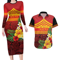 Hawaii Ku Kia'i Mauna Personalized Couples Matching Long Sleeve Bodycon Dress and Hawaiian Shirt Hibiscus Kakau Pattern LT9 Red - Polynesian Pride