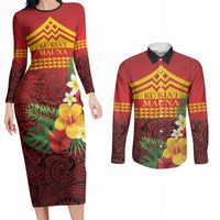 Hawaii Ku Kia'i Mauna Personalized Couples Matching Long Sleeve Bodycon Dress and Long Sleeve Button Shirt Hibiscus Kakau Pattern LT9 Red - Polynesian Pride