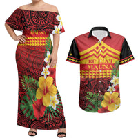 Hawaii Ku Kia'i Mauna Personalized Couples Matching Off Shoulder Maxi Dress and Hawaiian Shirt Hibiscus Kakau Pattern LT9 Red - Polynesian Pride