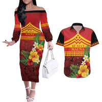 Hawaii Ku Kia'i Mauna Personalized Couples Matching Off The Shoulder Long Sleeve Dress and Hawaiian Shirt Hibiscus Kakau Pattern LT9 Red - Polynesian Pride