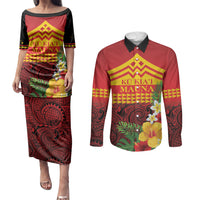 Hawaii Ku Kia'i Mauna Personalized Couples Matching Puletasi and Long Sleeve Button Shirt Hibiscus Kakau Pattern LT9 Red - Polynesian Pride
