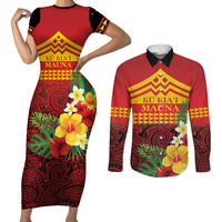 Hawaii Ku Kia'i Mauna Personalized Couples Matching Short Sleeve Bodycon Dress and Long Sleeve Button Shirt Hibiscus Kakau Pattern LT9 Red - Polynesian Pride