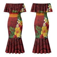 Hawaii Ku Kia'i Mauna Personalized Family Matching Mermaid Dress and Hawaiian Shirt Hibiscus Kakau Pattern LT9 Mom's Dress Red - Polynesian Pride