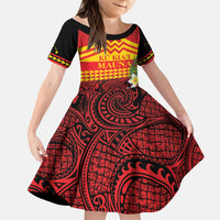 Hawaii Ku Kia'i Mauna Personalized Kid Short Sleeve Dress Hibiscus Kakau Pattern LT9 KID Red - Polynesian Pride