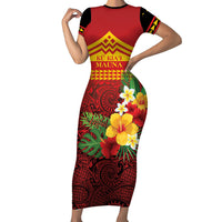 Hawaii Ku Kia'i Mauna Personalized Short Sleeve Bodycon Dress Hibiscus Kakau Pattern LT9 Long Dress Red - Polynesian Pride
