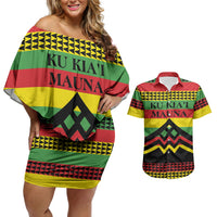 Hawaii Ku Kia'i Mauna Personalized Couples Matching Off Shoulder Short Dress and Hawaiian Shirt Hawaiian Kanaka Maoli Motif LT9 Green - Polynesian Pride