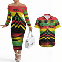 Hawaii Ku Kia'i Mauna Personalized Couples Matching Off The Shoulder Long Sleeve Dress and Hawaiian Shirt Hawaiian Kanaka Maoli Motif LT9 Green - Polynesian Pride