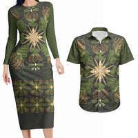Hawaii Ohia Lehua Squares Couples Matching Long Sleeve Bodycon Dress and Hawaiian Shirt Hawaiian Quilt Inspired Floral Pattern LT9 Green - Polynesian Pride
