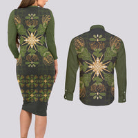 Hawaii Ohia Lehua Squares Couples Matching Long Sleeve Bodycon Dress and Long Sleeve Button Shirt Hawaiian Quilt Inspired Floral Pattern LT9 - Polynesian Pride