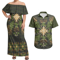 Hawaii Ohia Lehua Squares Couples Matching Off Shoulder Maxi Dress and Hawaiian Shirt Hawaiian Quilt Inspired Floral Pattern LT9 Green - Polynesian Pride
