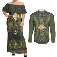 Hawaii Ohia Lehua Squares Couples Matching Off Shoulder Maxi Dress and Long Sleeve Button Shirt Hawaiian Quilt Inspired Floral Pattern LT9 Green - Polynesian Pride