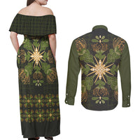 Hawaii Ohia Lehua Squares Couples Matching Off Shoulder Maxi Dress and Long Sleeve Button Shirt Hawaiian Quilt Inspired Floral Pattern LT9 - Polynesian Pride