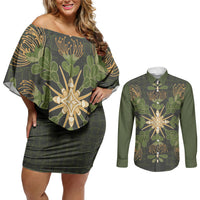 Hawaii Ohia Lehua Squares Couples Matching Off Shoulder Short Dress and Long Sleeve Button Shirt Hawaiian Quilt Inspired Floral Pattern LT9 Green - Polynesian Pride