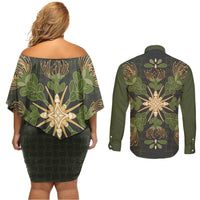 Hawaii Ohia Lehua Squares Couples Matching Off Shoulder Short Dress and Long Sleeve Button Shirt Hawaiian Quilt Inspired Floral Pattern LT9 - Polynesian Pride