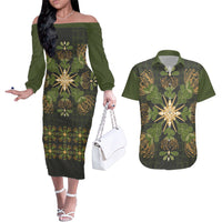 Hawaii Ohia Lehua Squares Couples Matching Off The Shoulder Long Sleeve Dress and Hawaiian Shirt Hawaiian Quilt Inspired Floral Pattern LT9 Green - Polynesian Pride
