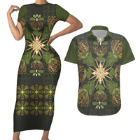 Hawaii Ohia Lehua Squares Couples Matching Short Sleeve Bodycon Dress and Hawaiian Shirt Hawaiian Quilt Inspired Floral Pattern