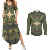 Hawaii Ohia Lehua Squares Couples Matching Summer Maxi Dress and Long Sleeve Button Shirt Hawaiian Quilt Inspired Floral Pattern LT9 Green - Polynesian Pride