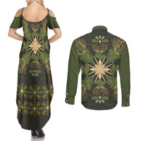 Hawaii Ohia Lehua Squares Couples Matching Summer Maxi Dress and Long Sleeve Button Shirt Hawaiian Quilt Inspired Floral Pattern LT9 - Polynesian Pride