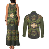 Hawaii Ohia Lehua Squares Couples Matching Tank Maxi Dress and Long Sleeve Button Shirt Hawaiian Quilt Inspired Floral Pattern