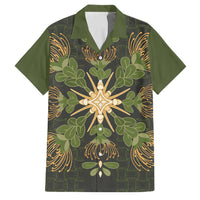 Hawaii Ohia Lehua Squares Family Matching Puletasi and Hawaiian Shirt Hawaiian Quilt Inspired Floral Pattern LT9 Dad's Shirt - Short Sleeve Green - Polynesian Pride
