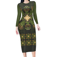 Hawaii Ohia Lehua Squares Long Sleeve Bodycon Dress Hawaiian Quilt Inspired Floral Pattern LT9 Long Dress Green - Polynesian Pride