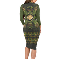Hawaii Ohia Lehua Squares Long Sleeve Bodycon Dress Hawaiian Quilt Inspired Floral Pattern