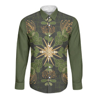 Hawaii Ohia Lehua Squares Long Sleeve Button Shirt Hawaiian Quilt Inspired Floral Pattern LT9 Unisex Green - Polynesian Pride