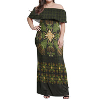 Hawaii Ohia Lehua Squares Off Shoulder Maxi Dress Hawaiian Quilt Inspired Floral Pattern LT9 Women Green - Polynesian Pride
