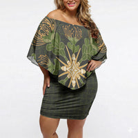 Hawaii Ohia Lehua Squares Off Shoulder Short Dress Hawaiian Quilt Inspired Floral Pattern LT9 Women Green - Polynesian Pride
