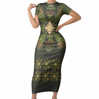 Hawaii Ohia Lehua Squares Short Sleeve Bodycon Dress Hawaiian Quilt Inspired Floral Pattern LT9 Long Dress Green - Polynesian Pride