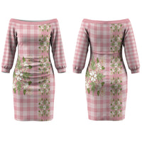 Akala Hamele Hawai'i Palaka Squares Maile Leaf Family Matching Off The Shoulder Long Sleeve Dress and Hawaiian Shirt Flowers Hawaiian Quilt Patterns LT9 Mom's Dress Dusty Rose - Polynesian Pride