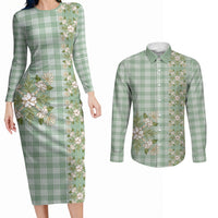 Liko Kukui Hawai'i Palaka Squares Maile Leaf Couples Matching Long Sleeve Bodycon Dress and Long Sleeve Button Shirt Flowers Hawaiian Quilt Patterns