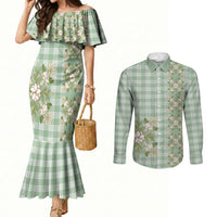 Liko Kukui Hawai'i Palaka Squares Maile Leaf Couples Matching Mermaid Dress and Long Sleeve Button Shirt Flowers Hawaiian Quilt Patterns LT9 Sage Green - Polynesian Pride