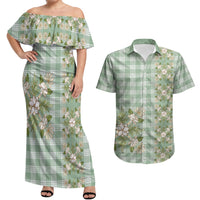 Liko Kukui Hawai'i Palaka Squares Maile Leaf Couples Matching Off Shoulder Maxi Dress and Hawaiian Shirt Flowers Hawaiian Quilt Patterns