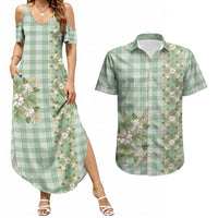 Liko Kukui Hawai'i Palaka Squares Maile Leaf Couples Matching Summer Maxi Dress and Hawaiian Shirt Flowers Hawaiian Quilt Patterns LT9 Sage Green - Polynesian Pride