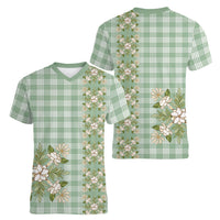 Liko Kukui Hawai'i Palaka Squares Maile Leaf Women V-Neck T-Shirt Flowers Hawaiian Quilt Patterns