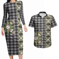 Pauli Hawai'i Palaka Squares Maile Leaf Couples Matching Long Sleeve Bodycon Dress and Hawaiian Shirt Flowers Hawaiian Quilt Patterns LT9 Soft Black - Polynesian Pride